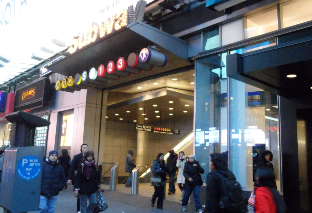 Times Square subway station on 42nd St near 7th Ave, south side